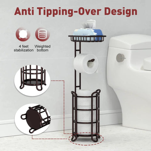 Bronze free standing toilet paper holder stand dispenser with top shelf for bathroom storage next to toilet, anti-tipping design.