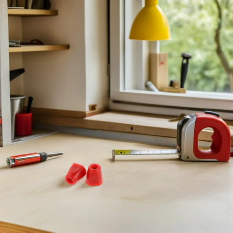 Workspace with tools, including a red screwdriver and a tape measure, on a wooden table near a window.