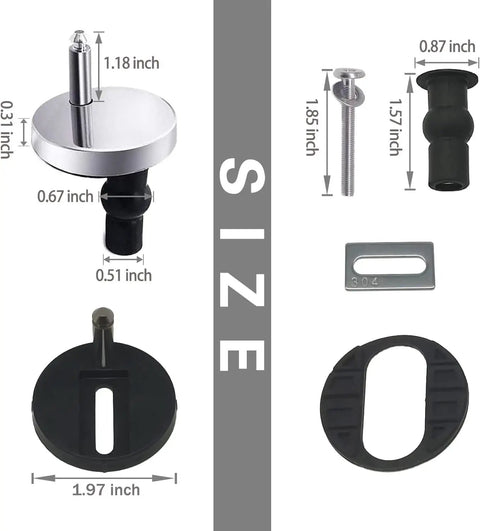 Universal Toilet Seat Bolt Kit With Quick Release Screws Easy Install Replacement Parts Includes 2 Plastic Bolts 2 Washers 2 Nuts Circle Screws For Fast Fix And Durable Toilet Cover Maintenance showing various components and sizes.