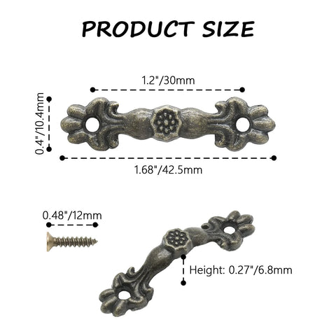 24 Pcs Vintage 1.68 Inch Drawer Pulls in Bronze Finish Zinc Alloy Cabinet Handles, size details with included screws, 1.2 inch mounting