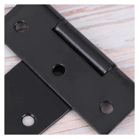Close-up of Beefy Heavy Duty T Shape Door Hinges With Screws 2 Inch Black Iron Wrought Hardware showing pre-drilled holes.