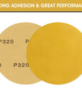 320 Grit 6 Inch PSA Self Adhesive Sanding Discs Aluminum Oxide Sandpaper 100 Pack Stickyback Discs front and back view