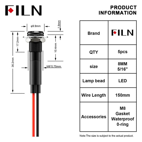 8mm Metal Indicator Light Pack Of 5 110V 120V Red Pilot Lamps With Black Anodized Aluminum Housing IP67 Waterproof For Control Panels And Rugged Industrial Machines, showing dimensions and components.