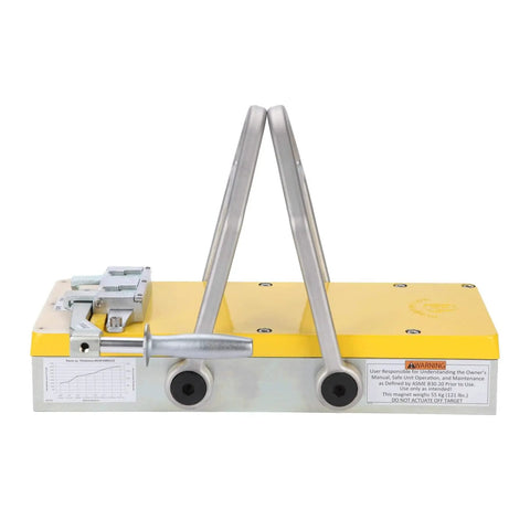 Heavy Duty Switchable Lifting Magnet With 12000 Pounds Breakaway Force Beast Mode Safety Lock, side view with handle.