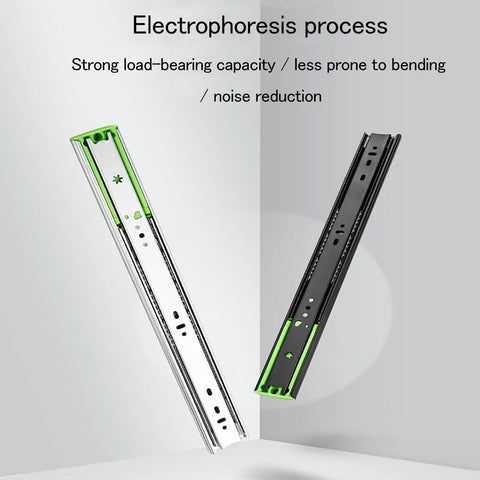 Twenty Pairs Full Extension Soft Close Drawer Slides With Hella Smooth Ball Bearing Rails displaying electrophoresis finish and noise reduction design.
