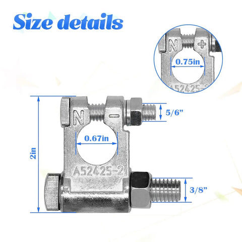 Heavy Duty Car Battery Terminal Kit with 3/8 inch pure copper wire lugs showing size details, bolts, and terminal connections.
