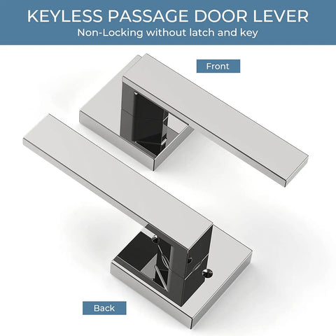 Front and back view of Six Piece Polished Chrome Door Handles Set For Interior Doors, Sleek Passage Door Knobs For Hallways And Closets.