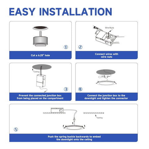 Installation guide for Heavy Hitter 6 Inch Slim Recessed Led Downlight With Junction Box Ic Rated Dimmable Can Light 5000k Daylight.