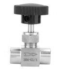 Stainless steel needle valve with black knurled knob; 1/4 in NPT female x 1/4 in NPT female, straight.