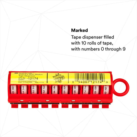 Wire Marker Tape Dispenser With Numbered Label Rolls 0 To 9, Pressure Sensitive Acrylic Adhesive, red 10-roll view