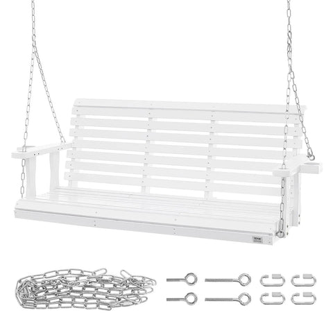 Weatherproof Wooden Porch Swing 5.5 Foot With Dual Cup Holders Heavy Duty 880 Lbs Outdoor Hanging Bench Swing With Adjustable Chains For Front Porch Yard Balcony Garden White Easy Assembly.
