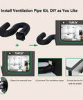 Installation steps for smoke exhaust kit on Upgraded 3D Printer Enclosure With LED Light And Smoke Exhaust Kit, showing ventilation pipe assembly.