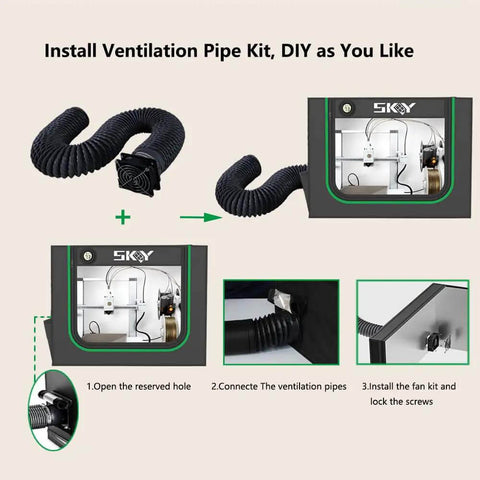 Installation steps for smoke exhaust kit on Upgraded 3D Printer Enclosure With LED Light And Smoke Exhaust Kit, showing ventilation pipe assembly.