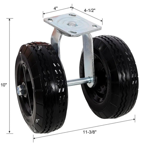 Beefy 8 Inch Dual Wheel Swivel Caster With Heavy Duty Flat Free PU Tires, Zinc Plated Top Plate, 660 Lbs Load Capacity For Cart, Dolly, Equipment And Industrial Transport, shown with dimensions
