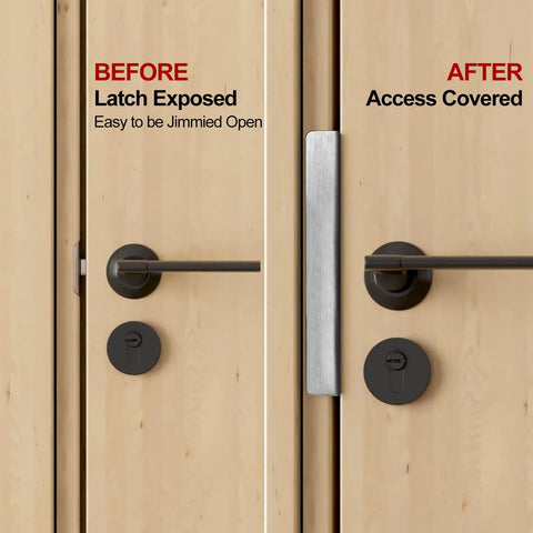 Heavy Gauge Steel Door Latch Guard Plate Twelve Inch With One Inch Offset Cover Stops Credit Card Jims Cold And Keeps Your Rig Locked Down Tight For Weekend Drives before and after comparison on door