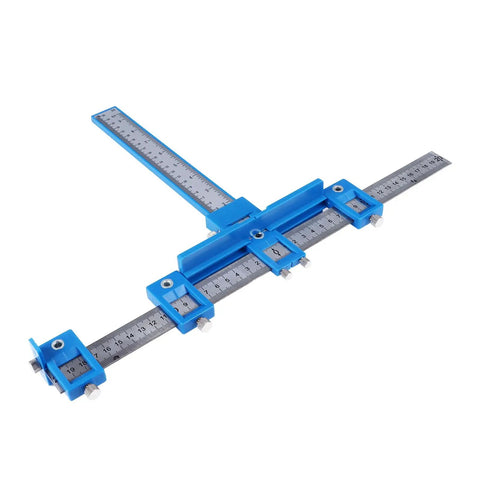 Precision Aluminum Punch Locator Drill Guide Jig For Pro Level Cabinetry And Carpentry, heavy-duty blue alignment tool for woodworking.