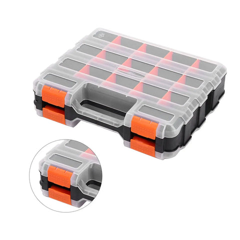 Heavy Duty Parts Storage Box With Removable Grid Compartments, Pro Grade PP Case, Double-Sided 32x27x8 with secure locking system