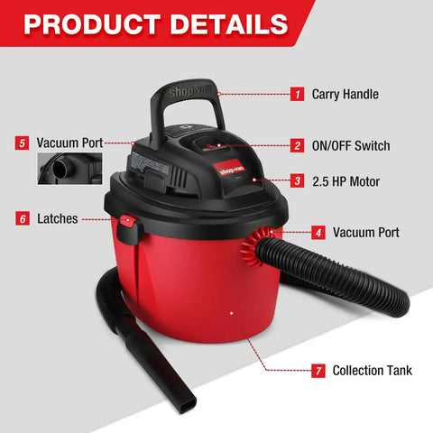 2.5 Gallon 2.5 Peak HP Wet Dry Vacuum Portable Compact Shop Vacuum With Collapsible Handle Wall Bracket And Versatile Attachments For Home Garage And Jobsite