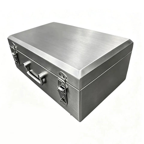 Heavy Duty Stainless Steel Tool Box Portable Metal Garage Organizer Built Different For Skilled Mechanics With Rust Resistant Shell and Totally Rock Solid Daily Grind Storage, angled view.