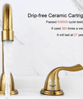 Close-up of gold bathroom faucet with water flow and text on drip-free ceramic cartridge durability.