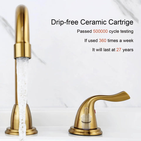 Close-up of gold bathroom faucet with water flow and text on drip-free ceramic cartridge durability.