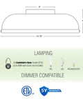 Diagram of Mid Century Modern Gold Semi Flush Ceiling Light dimensions, lamping options, ETL damp location listed, 5-year warranty