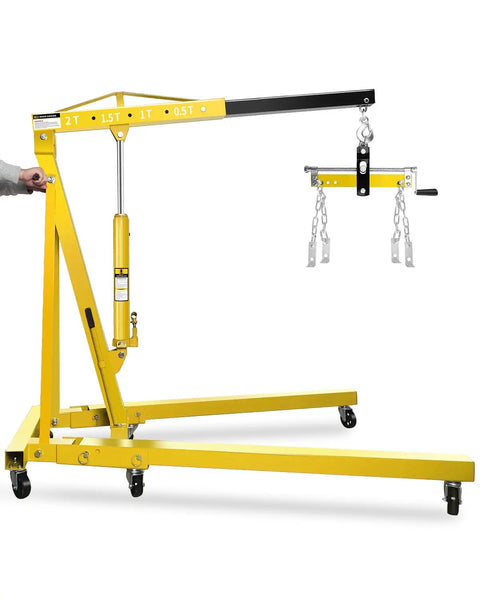 Heavy Duty 2 Ton Engine Hoist With Folding Crane And Lever, Portable Car Lift, yellow color, 4400 Lbs Capacity, 6 Steel Casters.