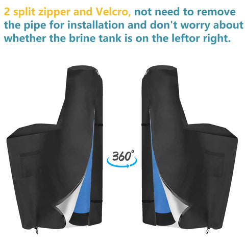 Water Softener Cover With Split Zipper And UV Shield Outdoor Brine Tank Cover Waterproof All Weather Protection, dual view.