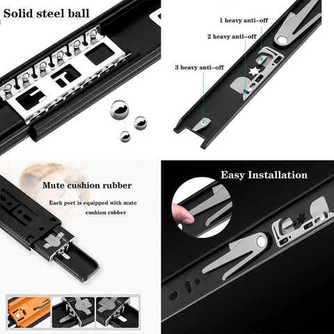 Three Section Drawer Runners With Damping And Soft Close, Full Extension 45cm Ball Bearing Slides, detail and installation view