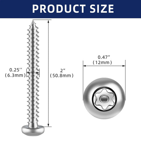 #14 X 2 Inch Stainless Steel Button Head Torx Sheet Metal Screws 304 Grade showing dimensions and design details.