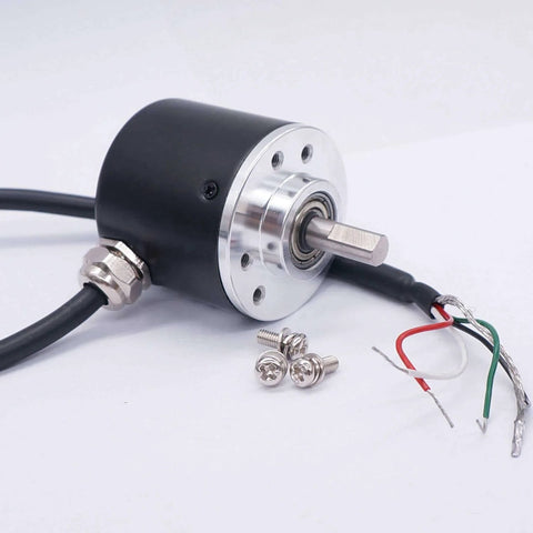 Incremental Rotary Encoder 600PPR Optical AB Two-Phase Quadrature Output, 6mm Shaft, with connecting wires and screws.