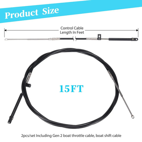 Two Pack 15Ft Gen2 Boat Throttle And Shift Cables For Mercury MerCruiser Force Outboard Engines Fits 4000 Series Controllers Replacement CC18915 Easy Install Durable Marine Cables
