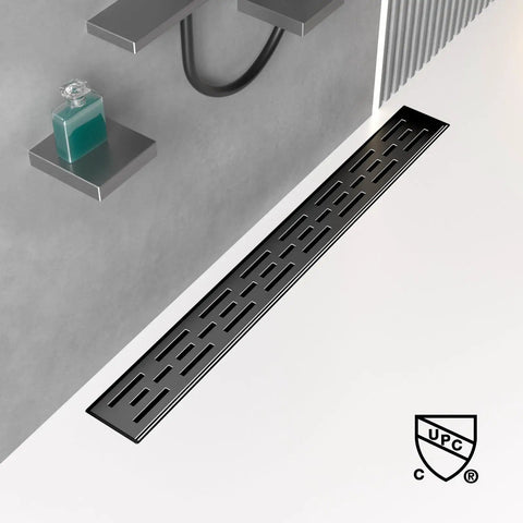 24 Inch Black Linear Shower Drain With Brickwork Cover, Rectangular Floor Drain In 304 Stainless Steel, Matte Black Grate in bathroom