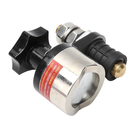 Stable Magnetic Welding Ground Clamp With Switch OnOff Copper Holder And Adjustable Iron Base For Reliable Arc Stick MIG Stick Welding and secure connection, detailed view of knob and brass end.