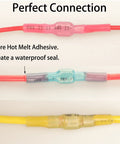 Close-up of 112 Piece Heat Shrink Spade Connectors Kit With Waterproof Marine Grade Terminals Easy Quick Connect Spade Wire Connectors For Auto And Boat Wiring Durable Tin Copper Crimp Set showing connection seals.