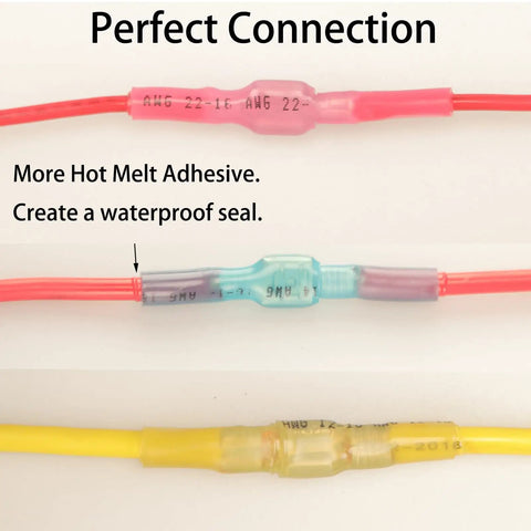 Close-up of 112 Piece Heat Shrink Spade Connectors Kit With Waterproof Marine Grade Terminals Easy Quick Connect Spade Wire Connectors For Auto And Boat Wiring Durable Tin Copper Crimp Set showing connection seals.