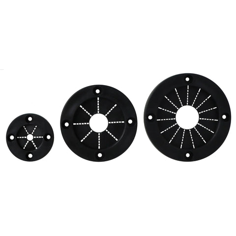 3 sizes of black rigging grommets with flexible rubber center and durable plastic outer ring for marine applications