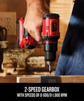 Person using V20 Cordless Drill and Driver Kit Half-Inch Brushless Motor 350 UWA Two-Speed 0-600 and 0-900 RPM on wood