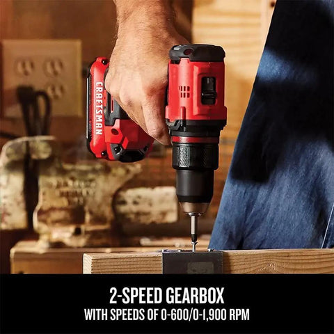 Person using V20 Cordless Drill and Driver Kit Half-Inch Brushless Motor 350 UWA Two-Speed 0-600 and 0-900 RPM on wood