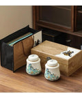 Vintage Airtight Ceramic Double Tea Canisters For Loose Leaf Coffee Beans And Spices, set with wooden box and black bag.