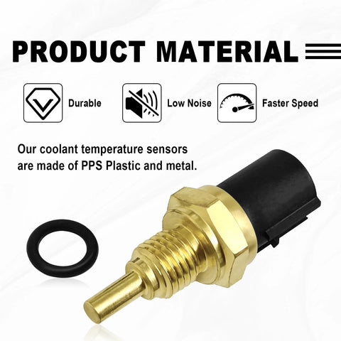 Engine coolant temperature sensor with brass threaded stem, hex nut, black plastic connector, and O-ring.