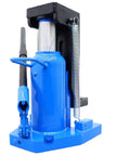 Heavy Duty Workhorse Air Hydraulic Toe Jack 15 To 30 Ton Lift Capacity Garage ready, blue weld steel finish for auto repair tasks.