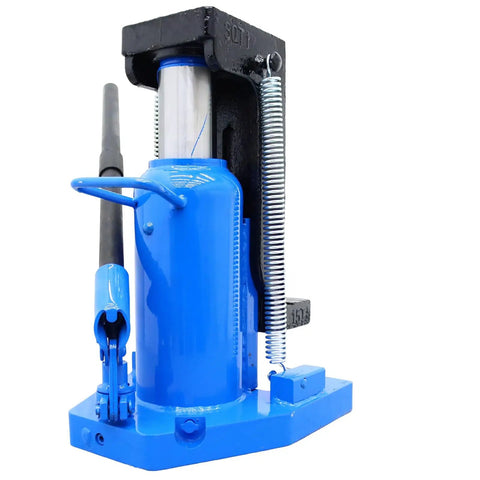 Heavy Duty Workhorse Air Hydraulic Toe Jack 15 To 30 Ton Lift Capacity Garage ready, blue weld steel finish for auto repair tasks.