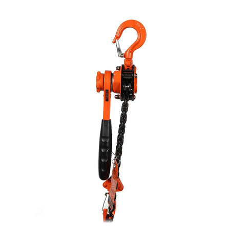 Pro Level Smooth Operator Mini Lever Chain Hoist Half Ton Ratchet Block showing orange hook and handle, compact design for tough shop jobs.