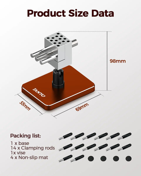 Slick Mini Bench Vise Featuring Sweet 360 Degree Rotating Ball Joint Base, Legit Aluminum Alloy Table Top Hobby Clamp Offering Flexible Multi Angle Tilting And Secure Grip For Gunpla Assembly Jewelry Repair Electronics Soldering Work, Rich Red with dimensions.