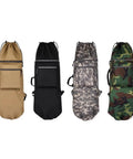 Ride-Ready Skateboard Backpack in khaki, black, camouflage; fits 84cm longboards, durable with adjustable straps.