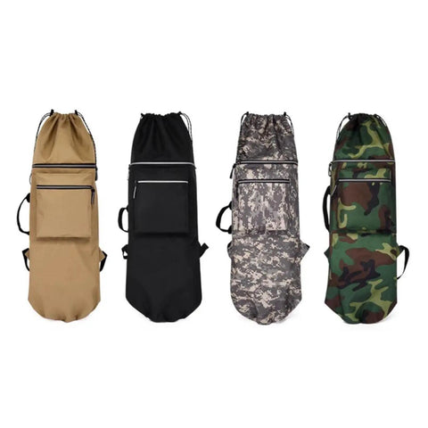 Ride-Ready Skateboard Backpack in khaki, black, camouflage; fits 84cm longboards, durable with adjustable straps.