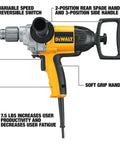 Badass Torque One Half Inch Spade Handle Corded Drill With Nine Point Zero Amp Motor And Reversing Switch Weekender Favorite for Trade Work and Garage Grind Certified Refurbished showing variable speed switch and soft grip handle.