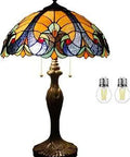 Tiffany Style Stained Glass Table Lamp with Yellow Liaison Shade, 16x16x24 Inches, Metal Base, UL Listed, S160E Series