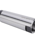 Side view of MT4-MT3 taper drill sleeve reducing adapter in steel with black end cap, hollow tube.